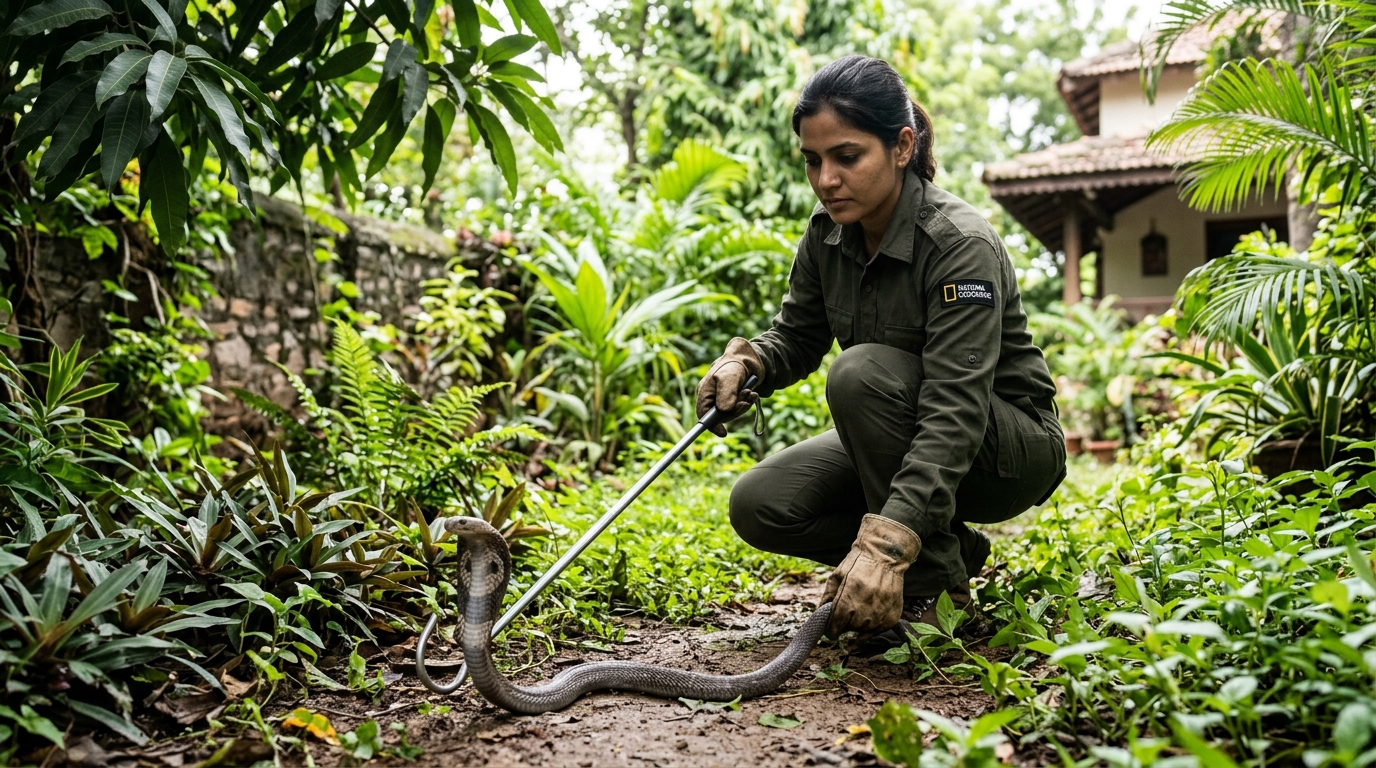 Wildlife rescuer gently handling an Indian Cobra in garden with specialized hook